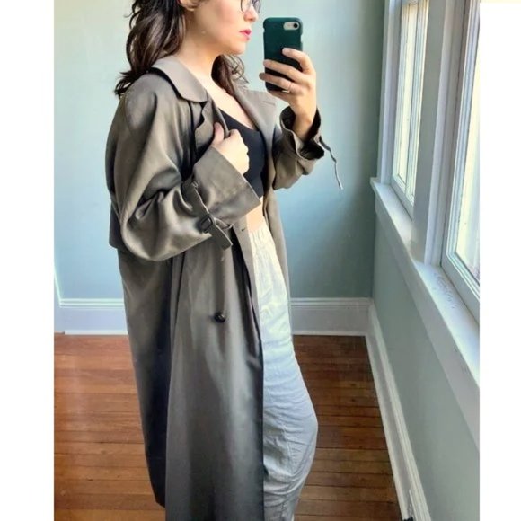 Vintage 90s London Fog Tan Gray Minimalist Staple Trench Maxi Coat 12 - Picture 4 of 8